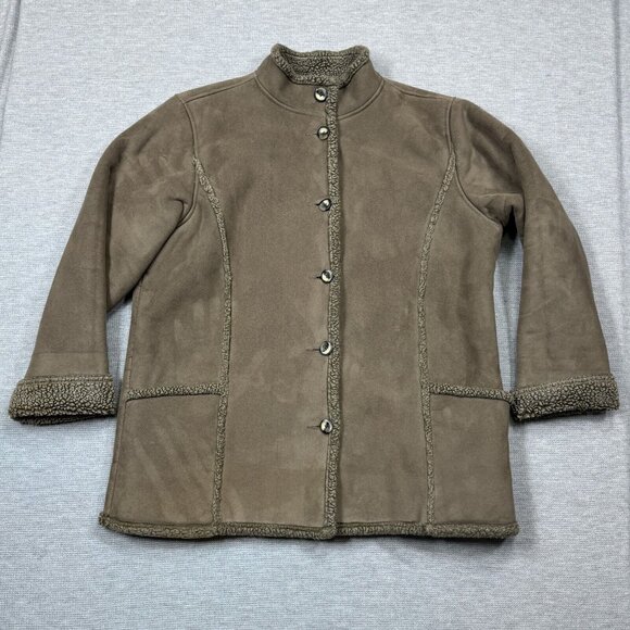 LL Bean Womens Light Brown Coat Button Up Jacket Sherpa Lining High Neck Sz XL - Picture 5 of 16